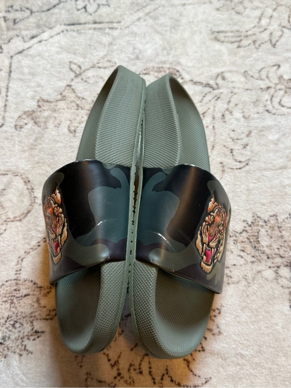 Polo by Ralph Lauren Green Camouflage Slides with Tiger Embroidered Patch